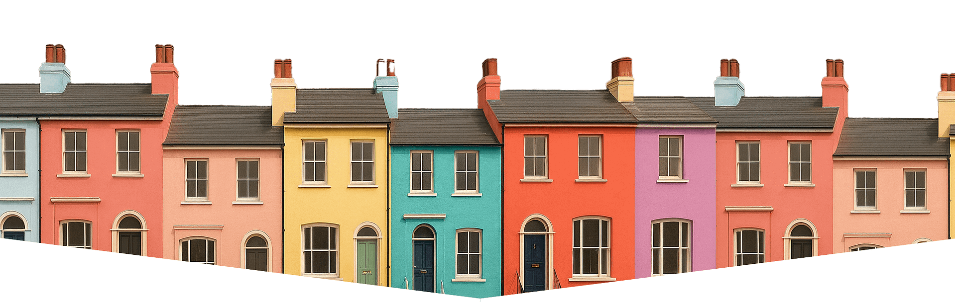 Row of pastel-coloured terraced houses in shades of blue, pink, yellow, teal, red and purple, symbolising Brighton and Hove rental properties and community living.
