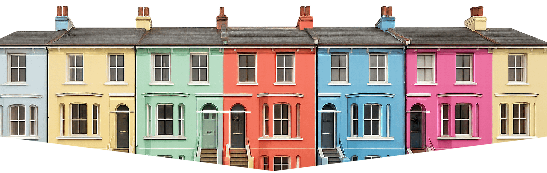 Row of colourful terraced houses painted in pastel shades, typical Brighton & Hove architecture